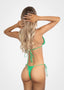 Back view of the Kawaii Bikini Set in forest green, highlighting the adjustable side-tie thong bikini bottom and halter tie top.