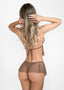 Back view of the She Sells Seashells Bikini Set with mesh fabric and seashell details, highlighting the bikini’s tie-back and mesh skirt.